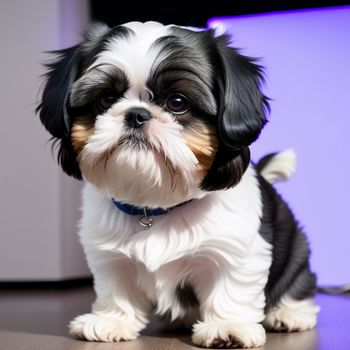 small black and white dog sitting on a table next to a purple wall and a purple light behind it