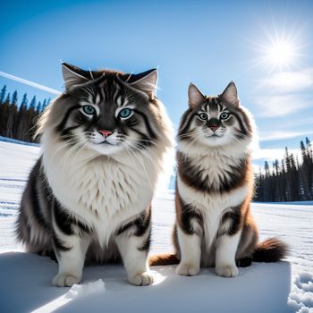 two cats sitting in the snow with a bright blue sky in the background and trees in the background