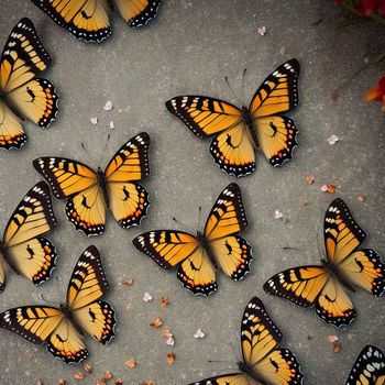 group of butterflies sitting on top of a cement ground next to flowers and petals on the ground and a few butterflies on the ground