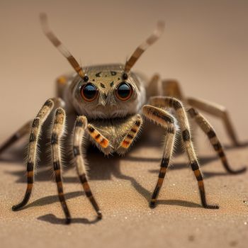 close up of a spider with big eyes on a surface with sand and sand behind it