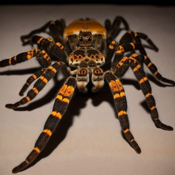 close up of a spider on a white surface with a black and orange stripe on it's legs