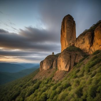 mountain with a rock formation in the middle of it and a sky background with clouds above it and a few trees below