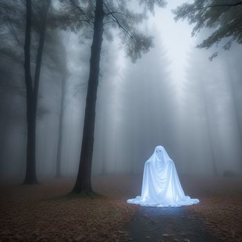 ghostly ghost in a foggy forest with trees in the background and a light shining on the ground