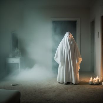 ghost standing in a foggy room with candles around it and a mirror behind it that is lit