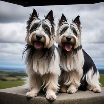 two dogs sitting on a ledge with a sky background and clouds in the background