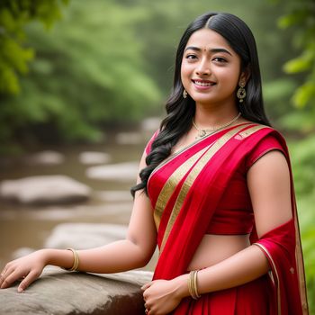 woman in a red sari posing for a picture in front of a river and trees with her hands on her hips