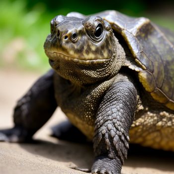 close up of a turtle on a dirt ground with grass in the background and a blurry background