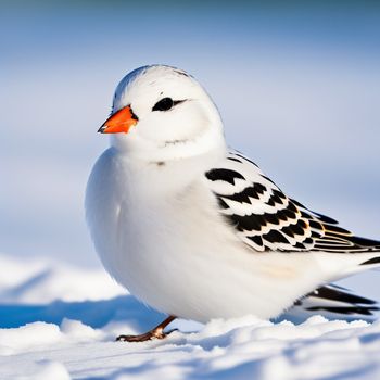 white bird with black and orange feathers standing in the snow with snow on the ground behind it and a blue sky behind it