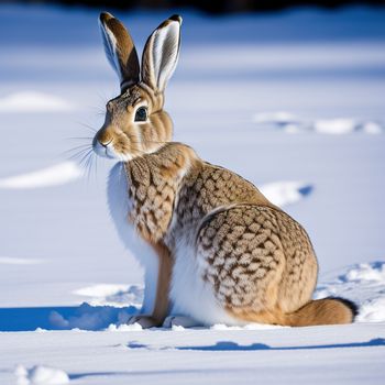 rabbit sitting in the snow looking at something in the distance with a blurry background of snow and footprints