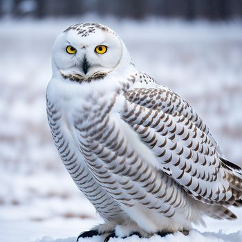 white owl with yellow eyes sitting on a snowy surface in the snow with a blurry background of trees