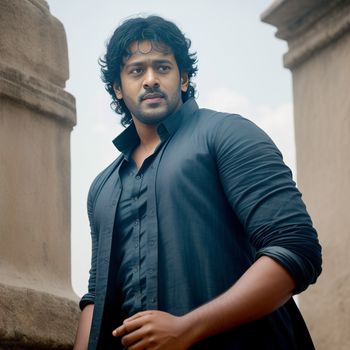 man standing in front of a stone pillar with a black shirt on and a black shirt on his chest