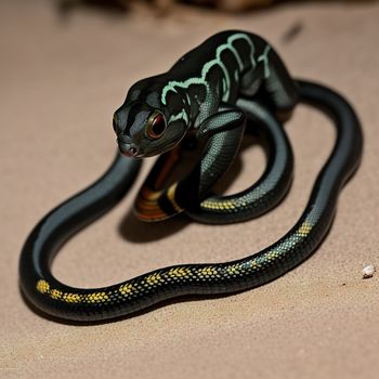 black and yellow snake on a beige surface with a black and yellow stripe on it's tail