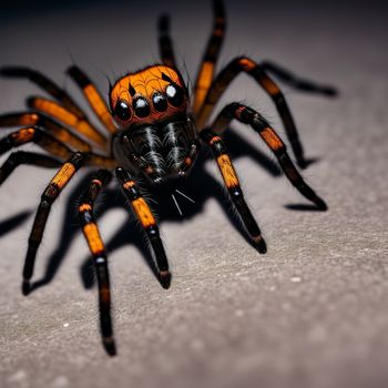 close up of a spider on a surface with a black background and orange stripes on its legs and head