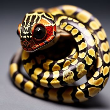 snake with a red eye and black and yellow stripes on it's head and neck