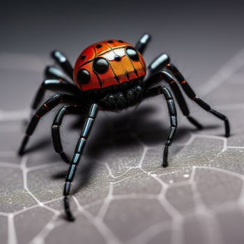 close up of a spider on a surface with a black background and a red and black face on it