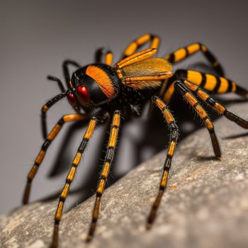 close up of a spider on a rock with a red eye on it's face and legs