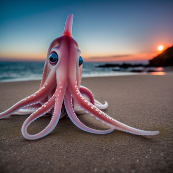 pink octopus sitting on top of a sandy beach next to the ocean at sunset with a sun setting