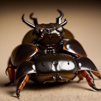 close up of a beetle on a table with a brown background and a black and orange bug on the back of it