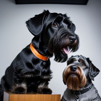 two dogs sitting next to each other on a table with a white background and a black dog with a brown collar