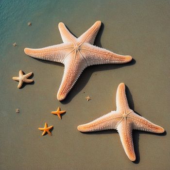 three starfishs laying on a beach next to the ocean water and sand