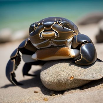 crab is sitting on a rock on the beach near the water and the ocean is in the background