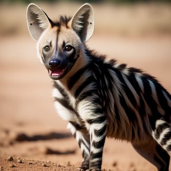 striped hyena is standing in the dirt and looking at the camera with a wide open mouth