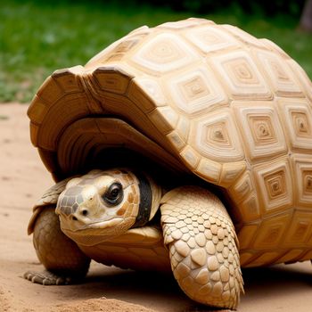 turtle is walking on the ground in the sand and grass area of the zoo area