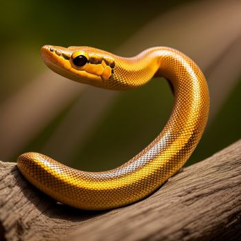 yellow snake is sitting on a branch with its tongue out and eyes open