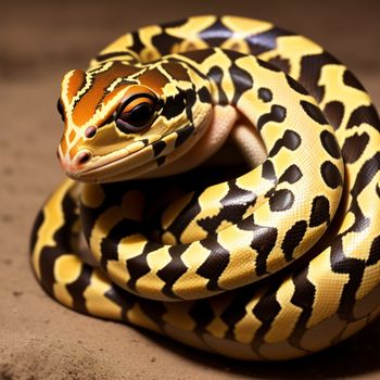 yellow and black snake with a black and white pattern on it's body and head