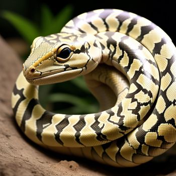 large snake is sitting on a rock outside in the sun light