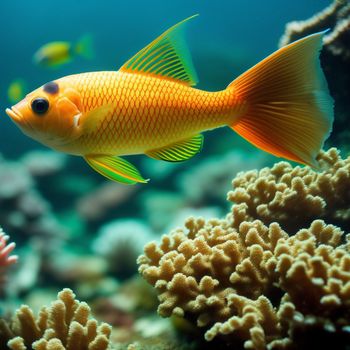 fish swimming over a coral reef in the ocean with other fish nearby on a sunny day in the ocean