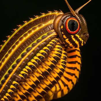 close up of a bug with a black background and a yellow stripe around it's eyes and head