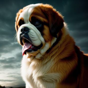 large brown and white dog with a sky background and clouds in the background with a dark sky in the background