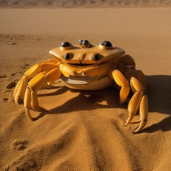 crab with eyes and legs sitting in the sand with a bowl on its back and eyes on its head