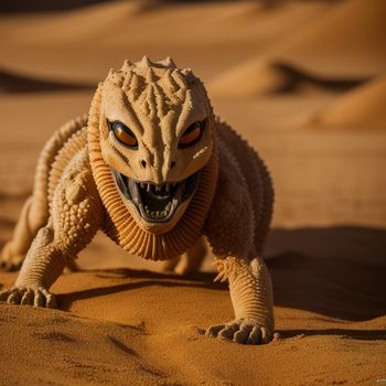 toy monster is walking across a desert area with sand dunes in the background and a sand dune in the foreground