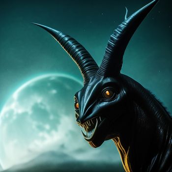 black goat with large horns and a moon in the background with a full moon in the sky behind it