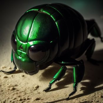 green bug with large eyes and long legs on sand with footprints on the ground and a black background