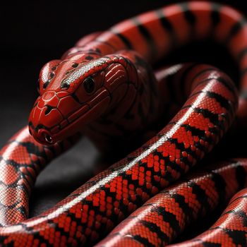 red and black snake is curled up on a black surface with a black background and a black background