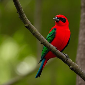 red bird with green wings sitting on a branch in a tree with green leaves in the background and a blurry background