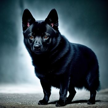 black dog standing on a gray surface with a black background and a black background behind it is a black dog with a black nose and a black nose