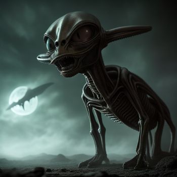 creepy alien standing in front of a full moon with a bat flying overhead in the sky above it