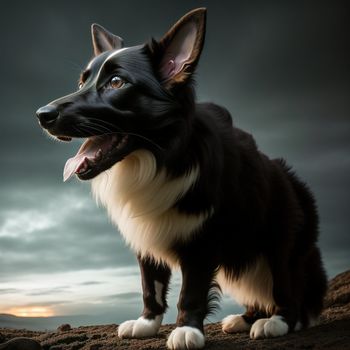 dog is standing on a hill with its tongue out and it's eyes open and it's tongue out