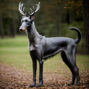 dog with antlers on its head standing in the woods near a tree trunk and a path in the grass