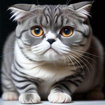 cat with a surprised look on its face and yellow eyes sitting down on a table with a black background