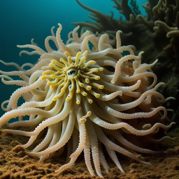 close up of a sea anemone on a coral reef with a blue background and water bubbles