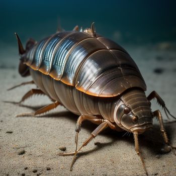 close up of a large insect on a sandy surface with water in the background and a blue sky
