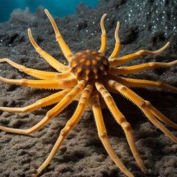 yellow spiderfish is sitting on a coral in the ocean water