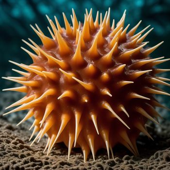 close up of a sea urchin on a sandy beach with blue water in the background and a blue sky