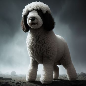 stuffed dog is standing in the dark with a cloudy background and a dark sky behind it