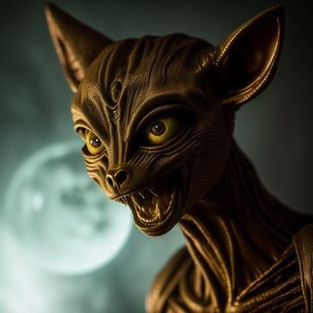 statue of a cat with a full moon in the background and a full moon in the background behind it